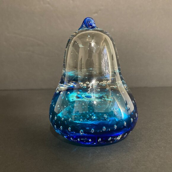 Vintage Blue Clear Pear Art Glass Paperweight Controlled Bubbles - Picture 2 of 7
